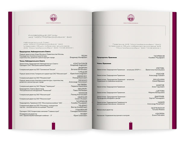 Разворот годового отчета «Мосстройэкономбанка» с представлением состава руководящих органов – Наблюдательного Совета и Правления