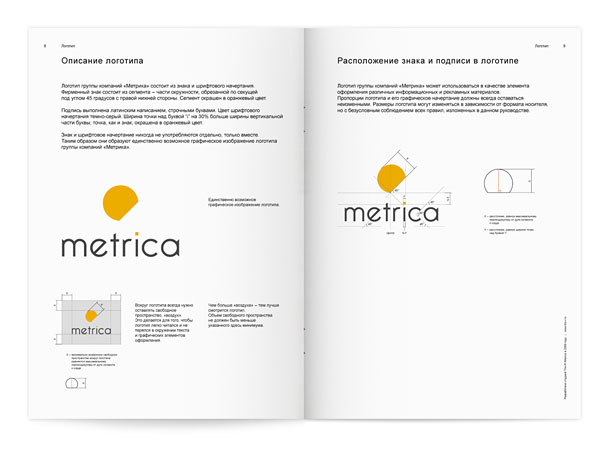 Разворот руководства по применению фирменного стиля группы компаний «Метрика» с описанием логотипа и правилами расположения знака и подписи в нем