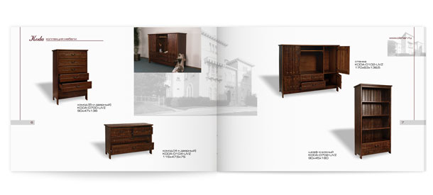 Один из разворотов каталога элитной мебели из тропического дерева коллекции Koda с представлением массивных комодов, стенки и книжного шкафа