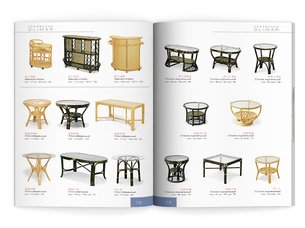 Разворот каталога компании «Олимар», представляющий множество столов и столиков двух цветов коллекции Olimar