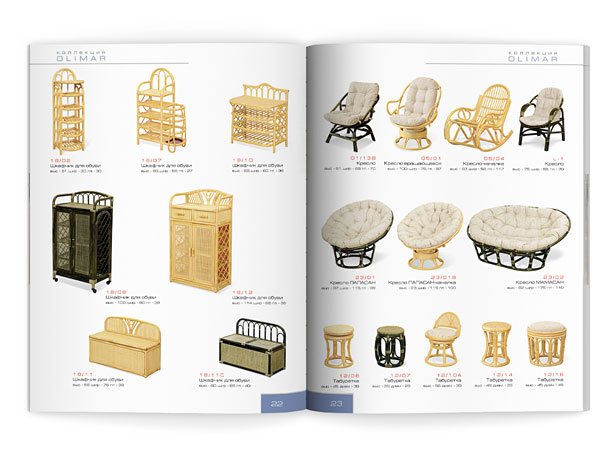 Разворот каталога компании «Олимар», представляющий изготовленную из ротанга мебель коллекции Olimar – шкафчики для обуви, разнообразные кресла, стулья и табуретки