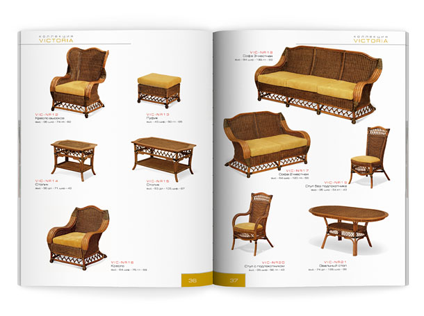 Разворот мебельного каталога компании «Олимар», представляющий кресла, диваны, стулья и столы коллекции Victoria