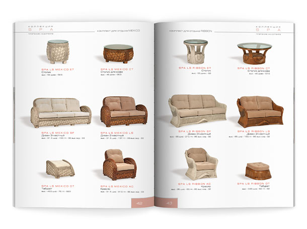 Разворот каталога мебели из ротанга компании «Олимар» с представлением мягкой мебели и разнообразных столиков коллекции Spa