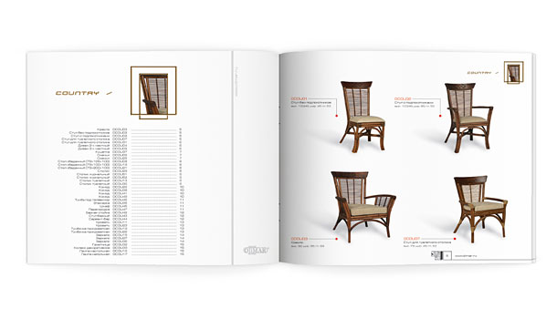 Разворот мебельного каталога компании «Олимар» с содержанием раздела, посвященного мебели из ротанга коллекции Country, и представлением стульев и кресел этой коллекции