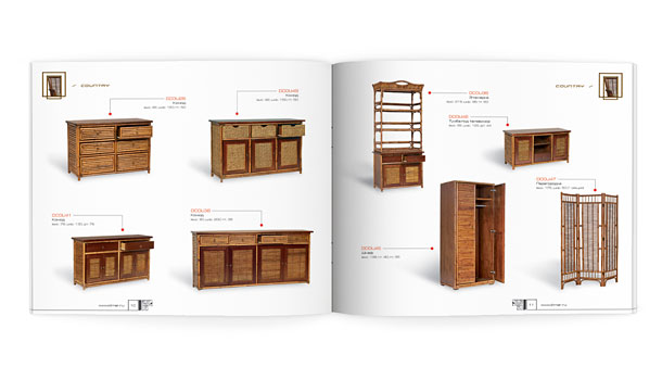Разворот каталога компании «Олимар» с представлением мебели из ротанга коллекции Country – вместительных комодов, изящной этажерки, шкафа, тумбы и перегородки