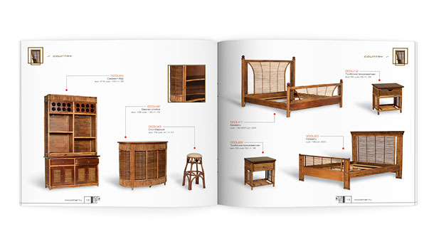 Один из разворотов каталога компании «Олимар», представляющий изготовленную из ротанга мебель коллекции Country – сервант, барную стойку, барный стул, а также кровати и прикроватные тумбочки
