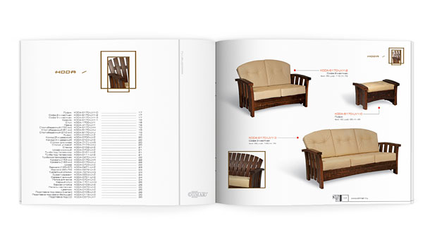 Разворот мебельного каталога компании «Олимар» с содержанием раздела, посвященного мебели из тропического дерева коллекции Koda, и с представлением мягкой мебели, входящей в эту коллекцию