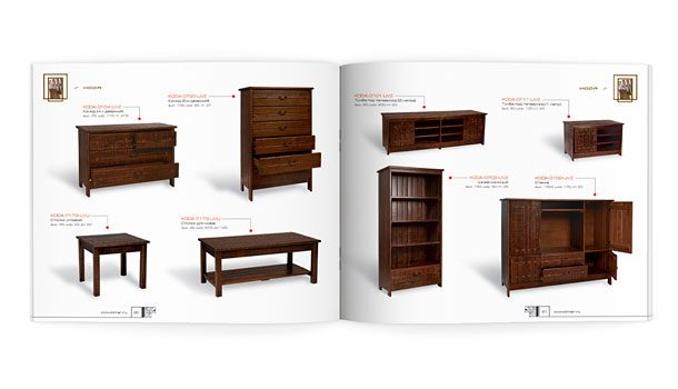Один из разворотов каталога компании «Олимар», представляющий изготовленную из тропического дерева мебель коллекции Koda – комоды, столики, шкафы, тумбочки