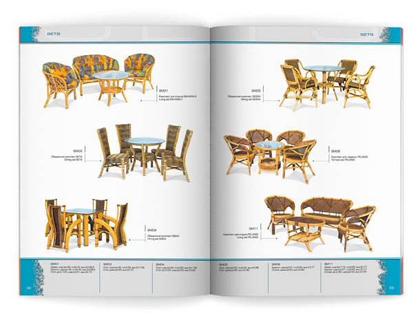 Один из разворотов каталога компании «Олимар», представляющий изготовленные из ротанга комплекты для отдыха и обеденные комплекты коллекции Sets
