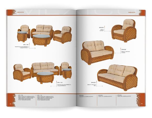 Один из разворотов мебельного каталога компании «Олимар», представляющий изготовленные из ротанга комфортабельные комплекты для отдыха и мягкую мебель коллекции Mexico