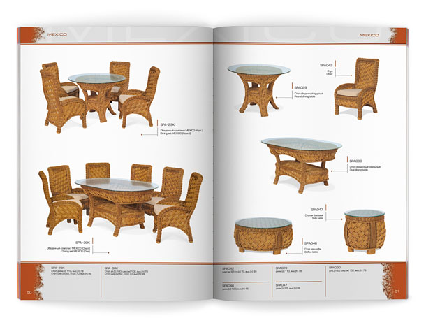 Разворот каталога компании «Олимар» с представлением мебели из ротанга коллекции Mexico – обеденных комплектов, а также отдельных стульев, столов и столиков