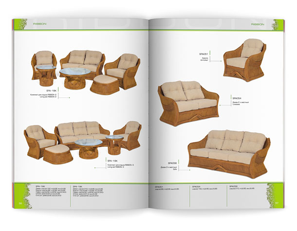 Один из разворотов мебельного каталога компании «Олимар», представляющий изготовленные из ротанга комфортабельные комплекты для отдыха и мягкую мебель коллекции Ribbon