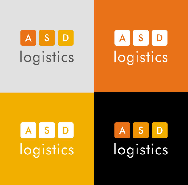 Основными фирменными цветами компании «АСД Логистикс» являются ярко-оранжевый, оранжевый, светло-оранжевый и серый; дополнительными цветами для использования в различных корпоративных материалах являются светло-серый и черный. Все фирменные цвета «АСД Логистикс» яркие, контрастные, выгодно выделяющие стиль компании от окружающей сине-красной массы. Варианты цветового отображения логотипа на фонах, окрашенных в фирменные цвета, выглядят следующим образом
