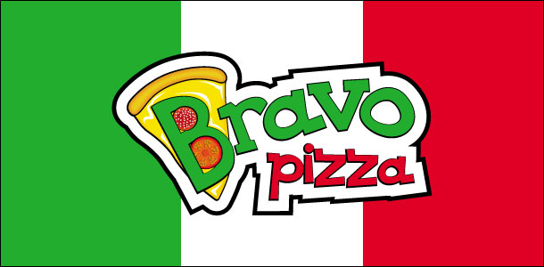 Размещение большого логотипа компании «Пицца Браво» на корпоративном флаге, чем-то напоминающем итальянский