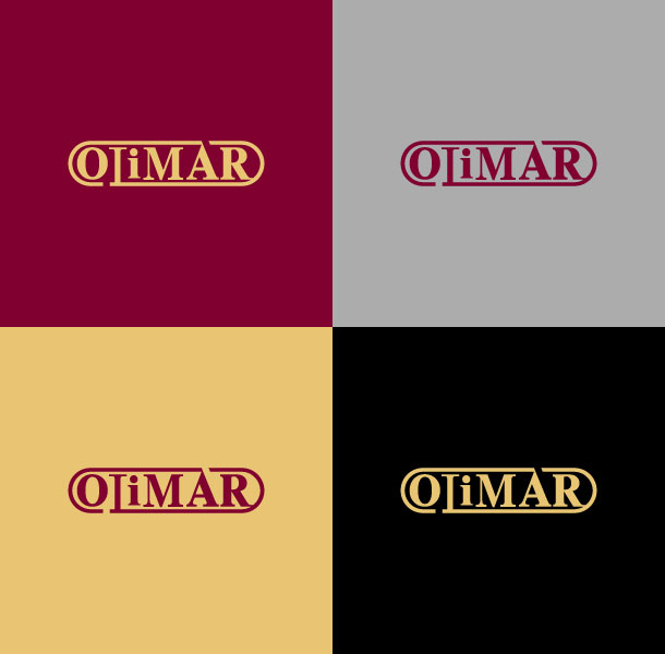 Фирменными цветами компании «Олимар» являются бордовый, бежевый, серый, черный; в качестве дополнительных цветов используются темно-коричневый, светло-серый, светло-бежевый, желтый, оранжевый. Варианты цветового отображения логотипа на фонах, окрашенных в корпоративные цвета, выглядят следующим образом