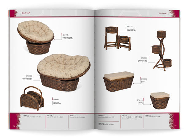 Разворот мебельного каталога компании «Олимар», представляющий мебель из ротанга коллекции Olimar – комфортабельные комплекты для отдыха, а также отдельные диваны и кресла